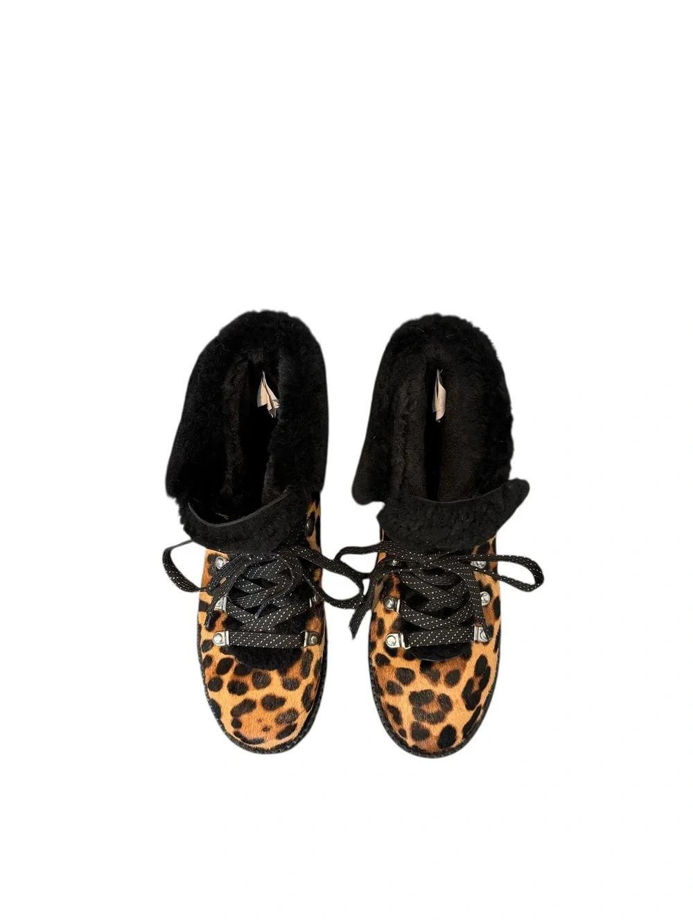 J. Crew Nordic Boots In Leopard Calf Fur Cuff Hiking Ankle Boots